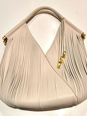 Donna Karan Cream Fringe Shoulder Bag with Gold Hardware